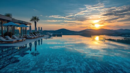 Obraz premium Empty infinity pool reflecting sky at sunset