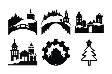 Fototapeta premium Christmas Town Silhouettes Winter Village Clipart Set for Festive Designs