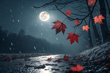 Rainy night autumn scene moonlit river red leaves
