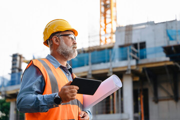 A construction supervisor in a safety vest and hard hat is observing the site, holding plans while overseeing building activity amidst cranes and construction workers in an urban area