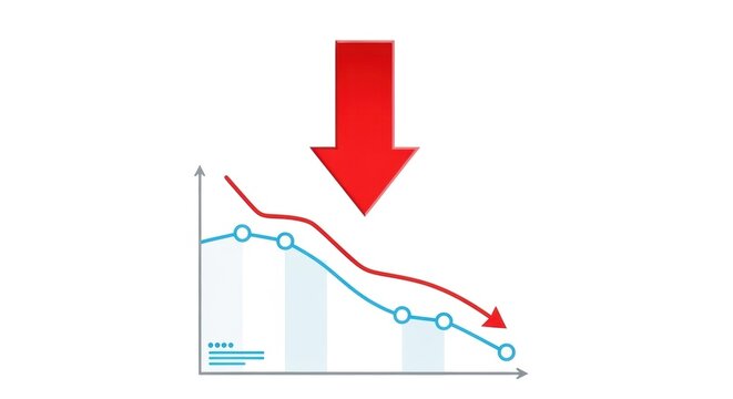 A red arrow pointing downward over a declining financial graph. Business chart showing market trend decreasing. Data visualization for economic analysis.
