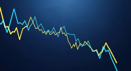 Two descending financial graph lines show market crash and economic recession. Bear market data visualization for investment analysis.
