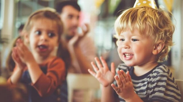 Children's Festive Moment: A candid shot captures a joyful moment as a young boy claps with glee during a birthday party, with a cheerful girl joining in.