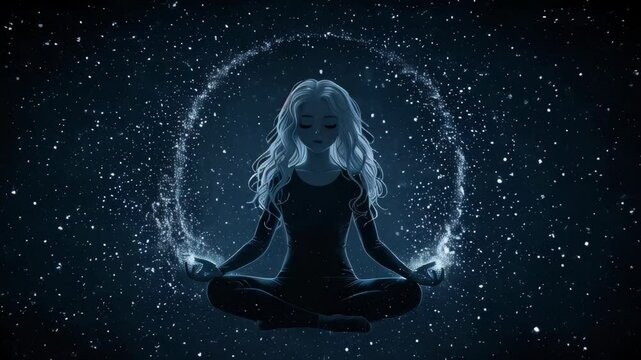  Silhouette of a meditating girl in lotus position, floating peacefully against a vast cosmic space background filled with stars and galaxies, symbolizing inner calm, mindfulness