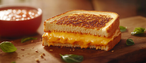 Golden Grilled Cheese Sandwich with Melted Cheese on a Wooden Board