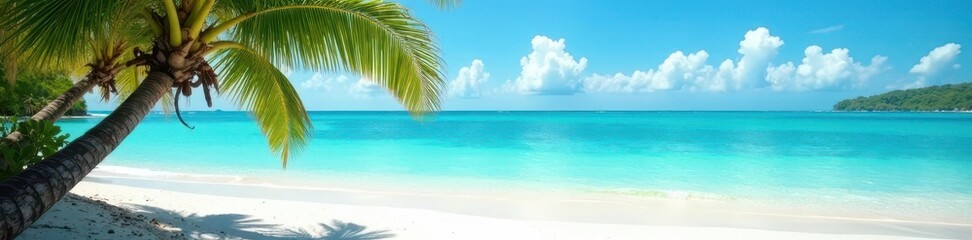 Azure waves lap white sand; palm fronds sway gently in breeze, tranquil, summer, horizon