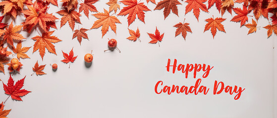 Festive Banner. Red maple leaves and "Happy Canada Day" text on light background, perfect for patriotic and festive celebrations