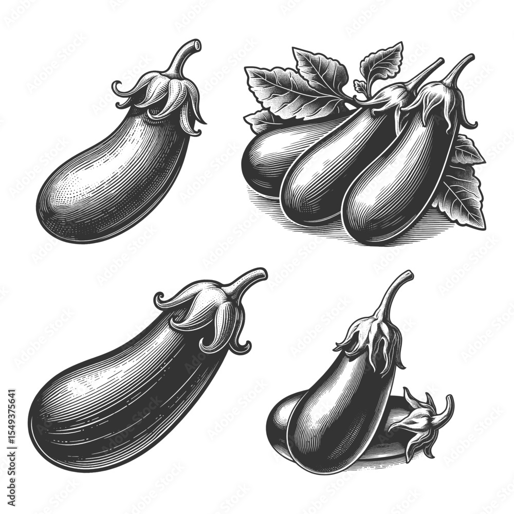 Poster eggplant set collection bundle sketch engraving generative ai vector illustration. scratch board imi