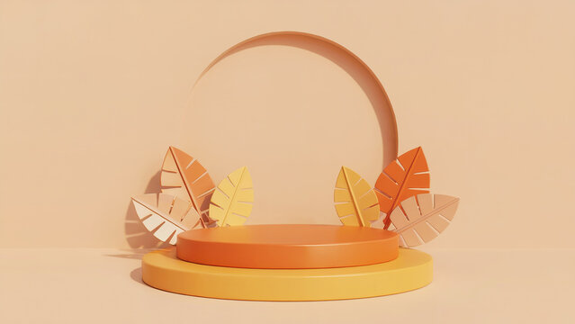 Warm Autumnal Product Display Podium with Arch and Leaf Accents Mockup
