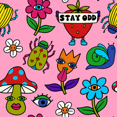Seamless pattern with retro style images: flowers, strawberry, bugs, snail, mushroom. Psychedelic print. Hippie style background. Perfect for packaging, fabric, stationary, wrapping, decoration, print