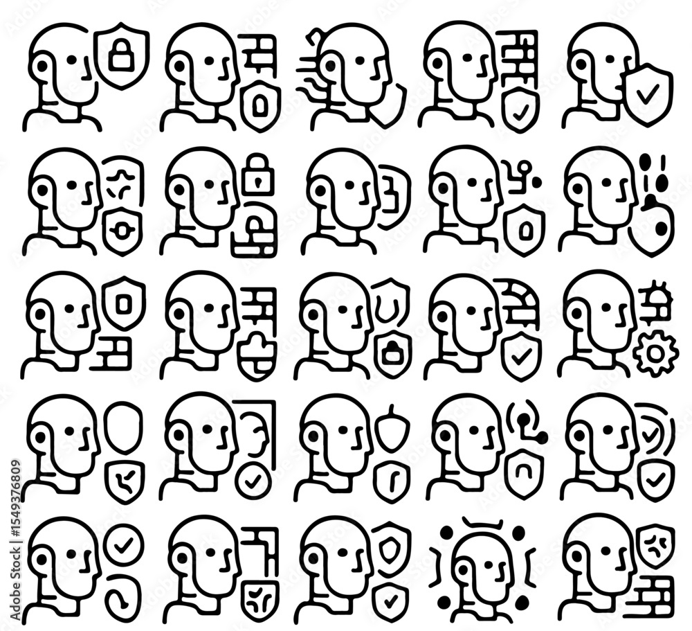 Poster cybersecurity illustrated. the image is a collection of abstract human portraits, each accompanied b
