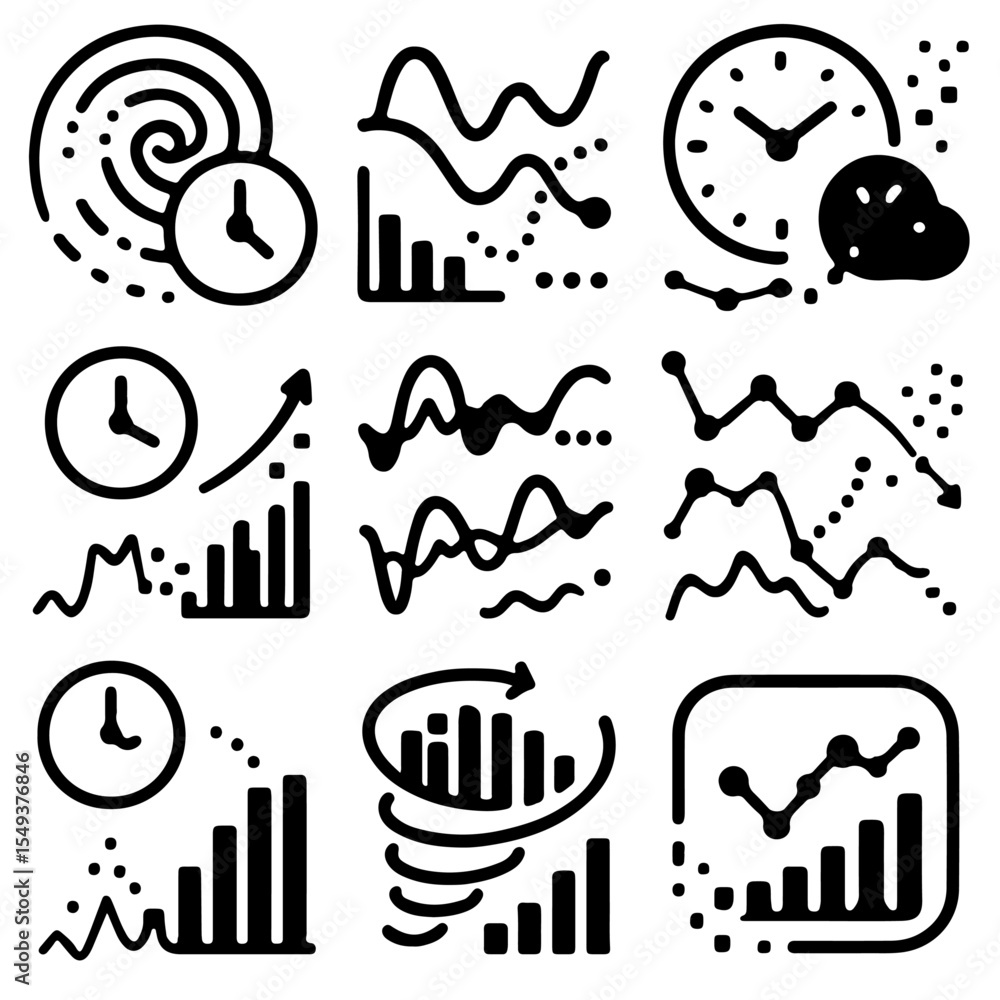 Poster a collection of intricate charts, graphs, and clocks, meticulously crafted in a clean, monochrome st