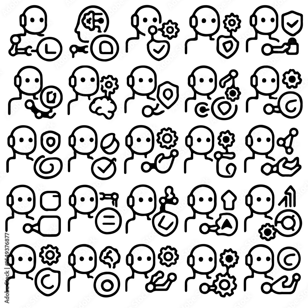 Poster a comprehensive collection of icons representing concepts related to user profile, technology, ai, d