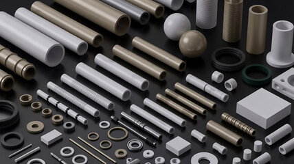 A detailed product photography of various industrial plastic and metal components arranged on a black surface