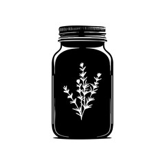 Black vector of a mason jar with herbal plant silhouette, symbolizing organic storage or natural remedies.

