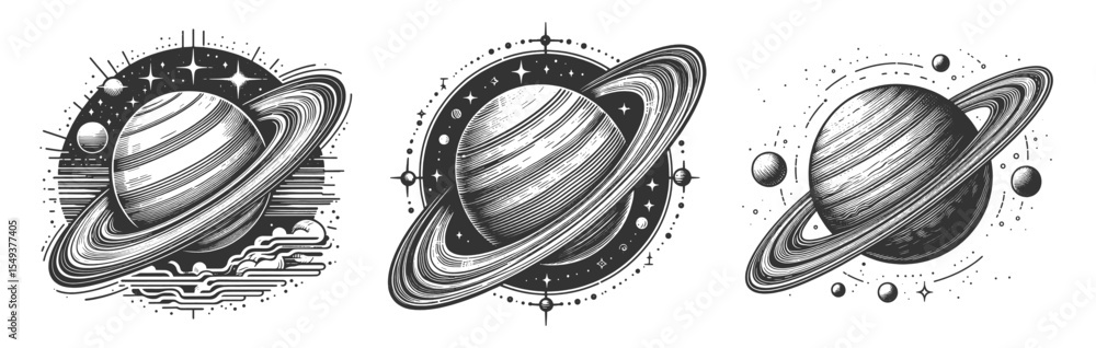 Poster saturn planet set collection bundle sketch engraving generative ai vector illustration. scratch boar