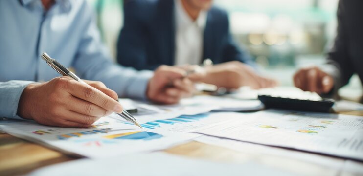 Focused hand points to vibrant financial charts, symbolizing data-driven business decisions.