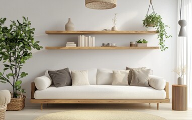 Modern Scandinavian living room with floating shelves, natural wood elements, and clean design