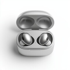 Modern wireless earbud case with earbuds inside, sleek silver, isolated on white background