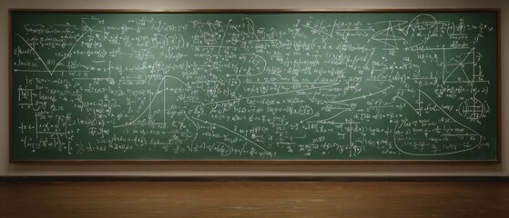 The chalkboard filled with complex mathematical equations and diagrams in a classroom setting.