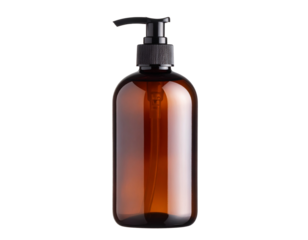 Amber bottle mockup dispenser pump cosmetic product lotion liquid soap shampoo hygiene container blank label dark transparent background