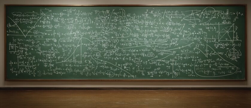 The chalkboard filled with complex mathematical equations and diagrams in a classroom setting.