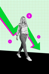 Banner 3d poster image photo collage of inexperienced businesswoman businessman stand arrow decline...