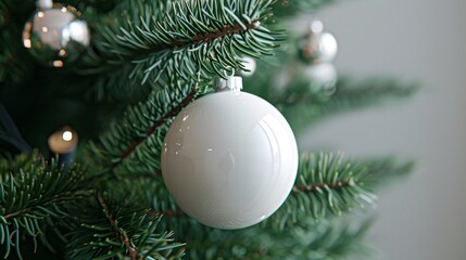 Minimalist White Christmas Ornament on Natural Pine Tree Branch