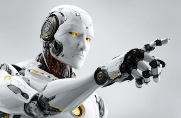 Futuristic white with intricate details and glowing eyes points ahead, embodying technological progress.