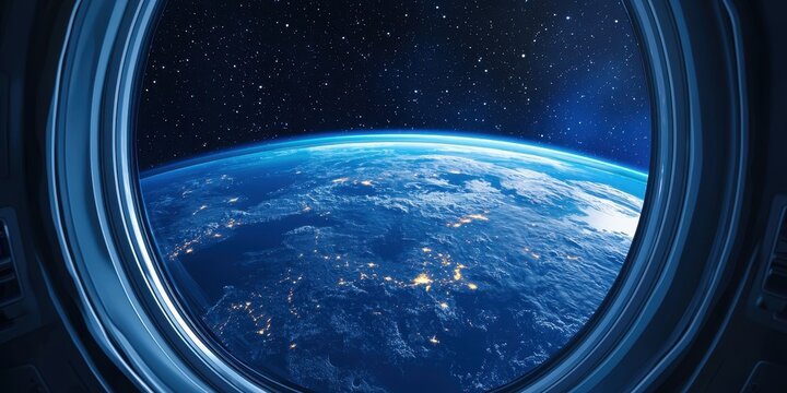 Fototapeta Moonlit Earth seen from a spaceship window, surrounded by deep space