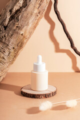 Serum bottle on wooden stand and bunny tails grass decoration on neutral beige background with sharp shadows. Natural cosmetics, skincare concept. Closeup