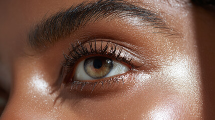Extreme closeup of undereye skin showing natural texture and brown eye with long eyelashes and well groomed eyebrow in soft lighting