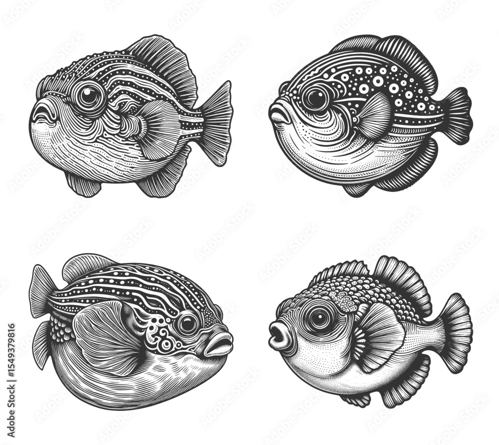 Poster puffer fish set collection bundle sketch engraving generative ai vector illustration. scratch board 
