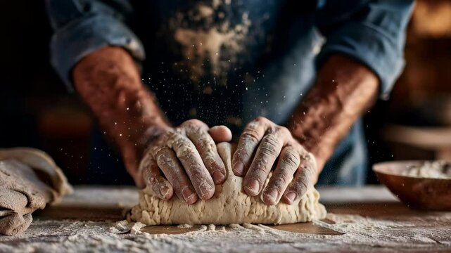 Baker's Hands Kneading Dough: Close-Up of Skilled Artisan Shaping Bread Dough with Flour, Creating Loaves in a Bakery Setting for Delicious Homemade Baking
