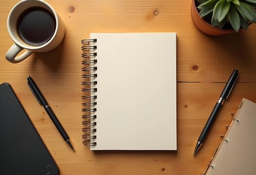 Blank Spiral Notebook, Coffee Cup, and Pens on a Wooden Tabletop. A high-angle, flat lay view of a blank spiral notebook, coffee cup, pens, and a succulent plant in a terracotta pot on a light brown.