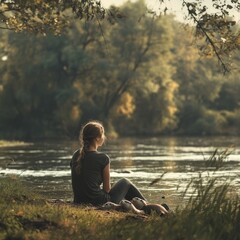 Fototapeta premium Serenity by the Riverbank: A Young Girl Contemplates Nature