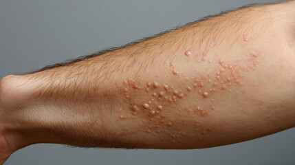 Keratosis pilaris bumps on hairy arm skin with visible rough texture and small raised spots, showing common skin condition with natural light