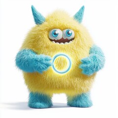 Pastel yellow and sky-blue fluffy monster holding a glowing ring, isolated on white