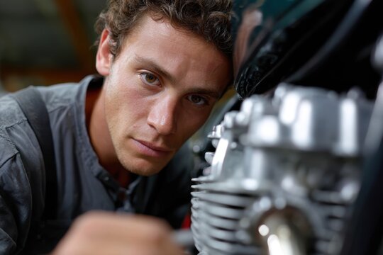 Motorcycle mechanic inspecting used bike for maintenance before resale