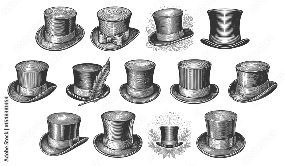Poster top hat set collection bundle sketch engraving generative ai vector illustration. scratch board imit