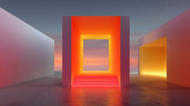 Abstract architectural scene with glowing orange and yellow portals