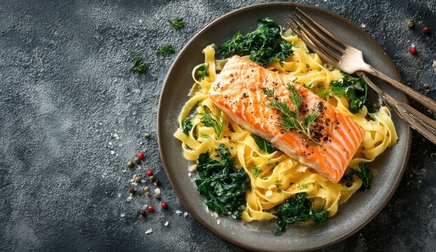 Gourmet salmon tagliatelle served with vibrant spinach and aromatic herbs on a textured stone surface.