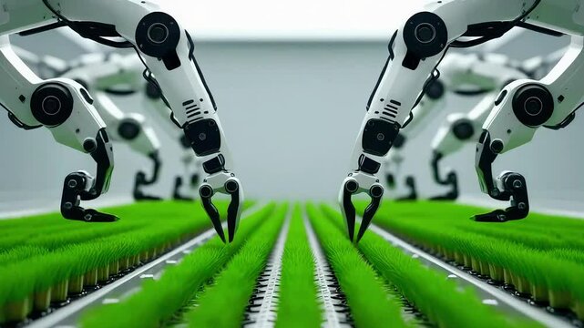 Robotic arms tending to rows of crops in a futuristic farm