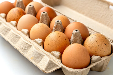 A carton holding ten brown eggs with speckled shells, arranged neatly on a white surface.