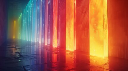 Colorful Light Rays in Enchanted Forest Setting with Glowing Trees and Surreal Atmosphere