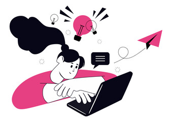 Flat Illustration Woman working on a laptop with ideas