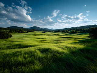 Obraz premium A panoramic shot of a green pasture glowing under the afternoon sun, the vibrant summer grass stretching out to the horizon, dappled with sunlight and surrounded by distant trees