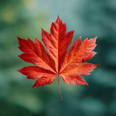 A vibrant red maple leaf against a blurred green background, the details of the leaf's structure and the vibrant color palette. This image is perfect for illustrating the changing of seasons.