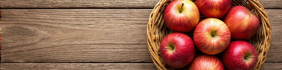 Red Apples in Woven Basket: A close-up captures ripe red apples, brimming in a rustic woven basket set against a textured wooden table. Inviting a sense of harvest freshness, rustic charm.