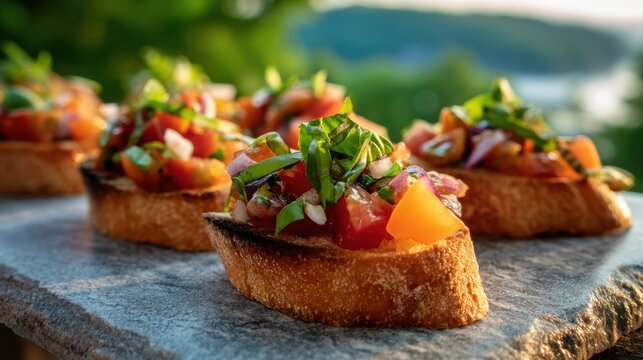 Heirloom tomato bruschetta with basil chiffonade and olive oil drizzle on a stone platter against a softly blurred vineyard terrace under sunset light
